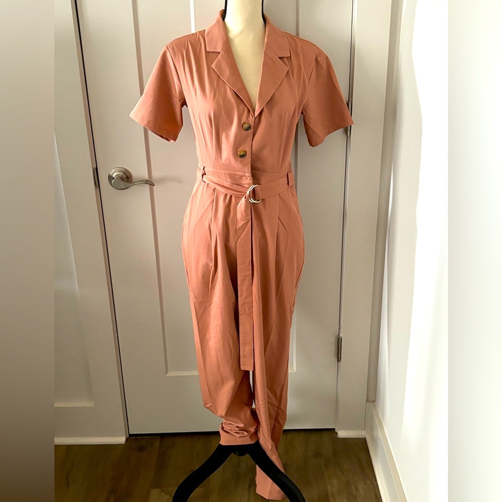 Pink Lily pantsuit. Size S. Pale rust color. V-neck button front with belt.